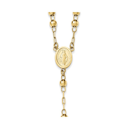 14k Polished Crucifix and Miraculous Medal with 4mm Mirror Beads Semi-solid Rosary Necklace 24"
