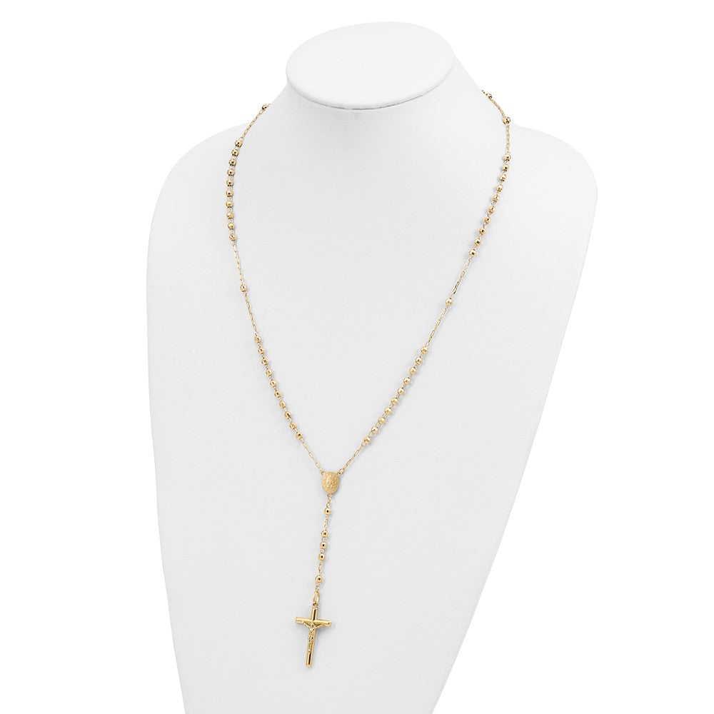 14k Polished Crucifix and Miraculous Medal with 4mm Mirror Beads Semi-solid Rosary Necklace 24"