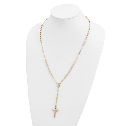 14k Polished Crucifix and Miraculous Medal with 4mm Mirror Beads Semi-solid Rosary Necklace 24"