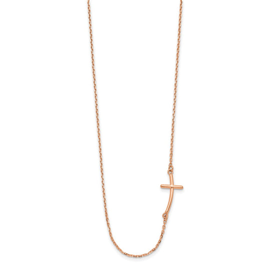 14k Rose Gold Polished Small Sideways Curved Cross Necklace 19"