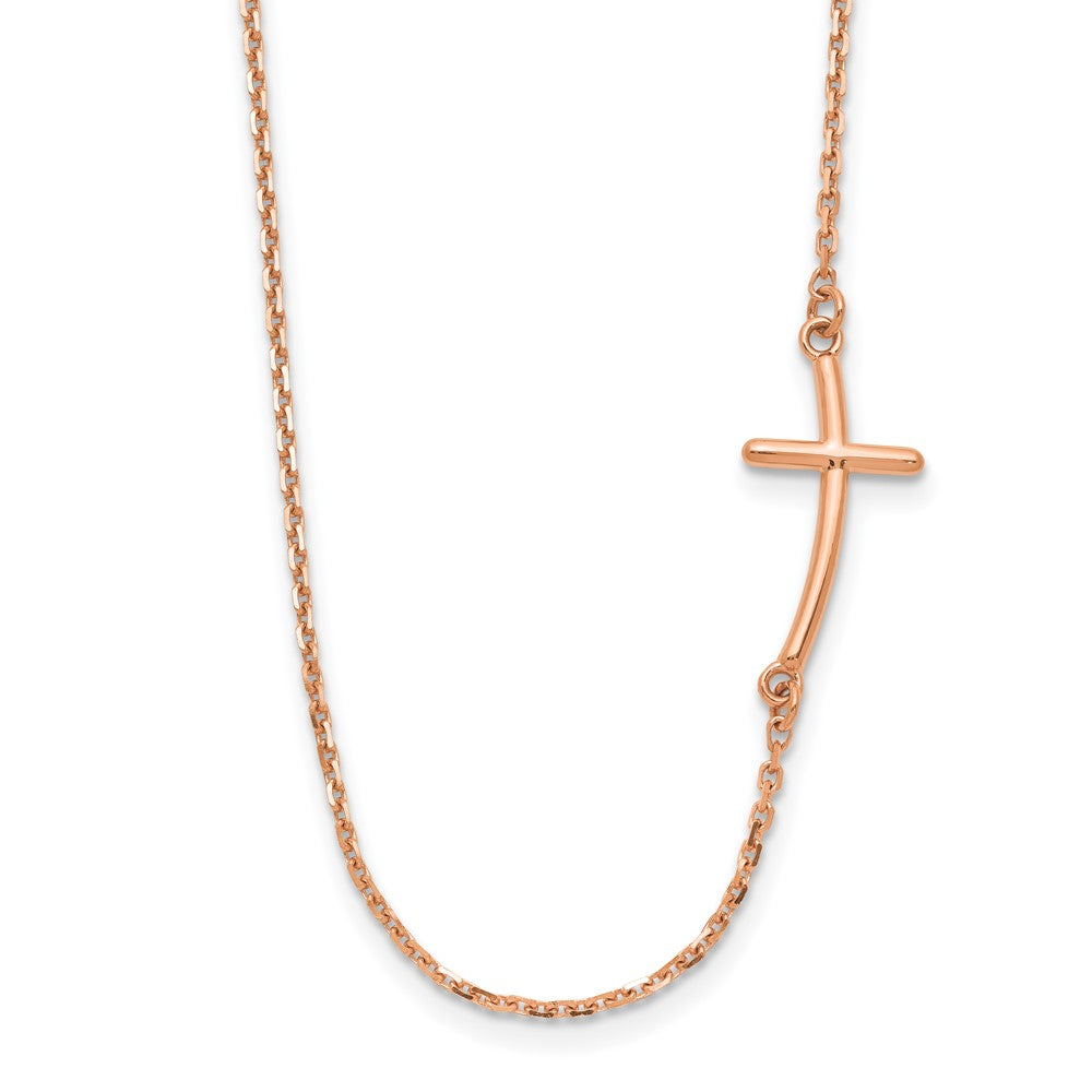 14k Rose Gold Polished Small Sideways Curved Cross Necklace 19"