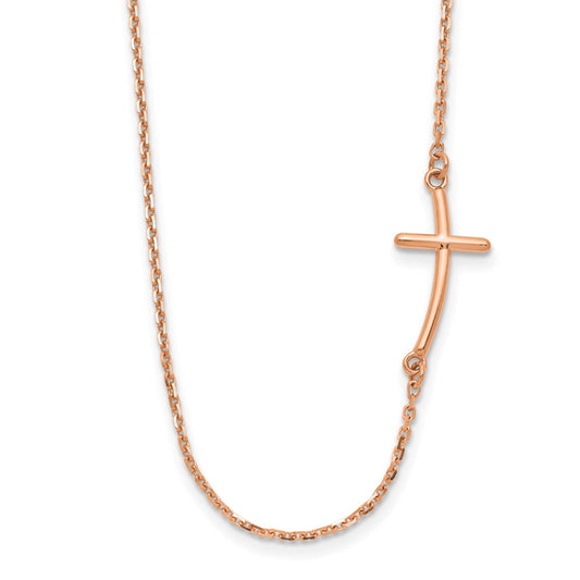 14k Rose Gold Polished Small Sideways Curved Cross Necklace 19"