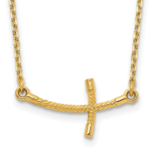 14k Gold Small Sideways Curved Twist Cross Necklace 19"