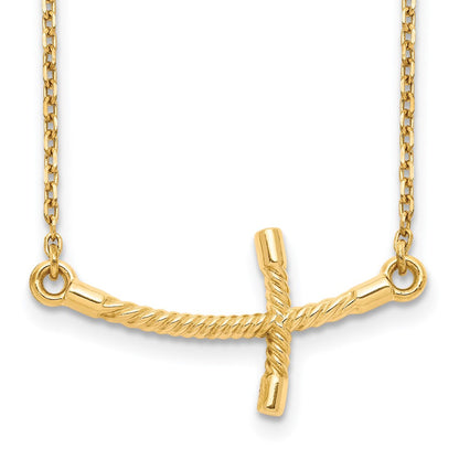 14k Gold Large Sideways Curved Twist Cross Necklace 19"