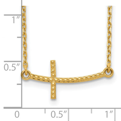14k Yellow Gold Curved Textured Sideways Cross Necklace 19"