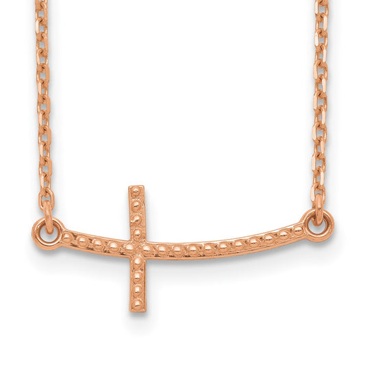 14k Gold Sideways Curved Textured Cross Necklace 19"