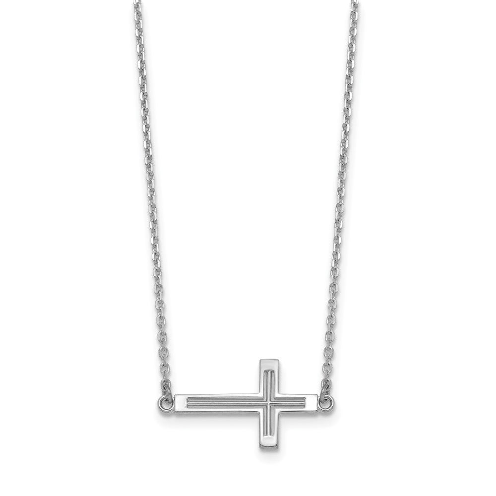 14k White Gold Polished Cut-out Sideways Cross Necklace 19"