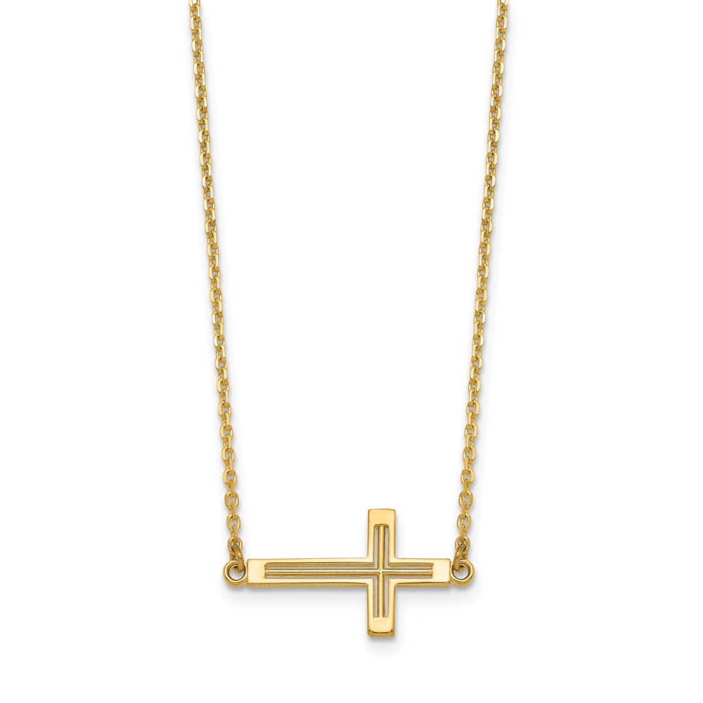 14k Yellow Gold Polished Cut-out Sideways Cross Necklace 19"