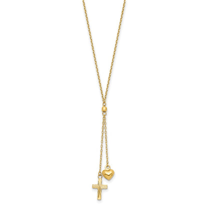 14k Yellow Gold Puffed Heart and Diamond-cut Cross Y-Necklace 16"