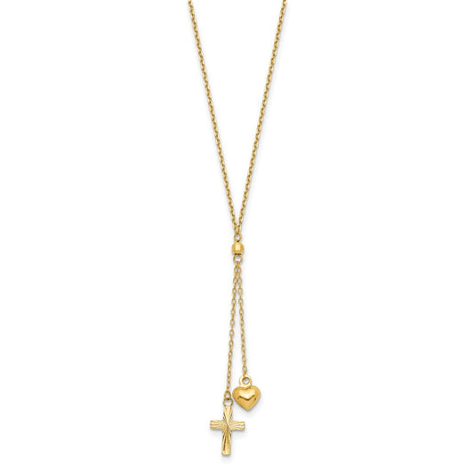 14k Yellow Gold Puffed Heart and Diamond-cut Cross Y-Necklace 16"