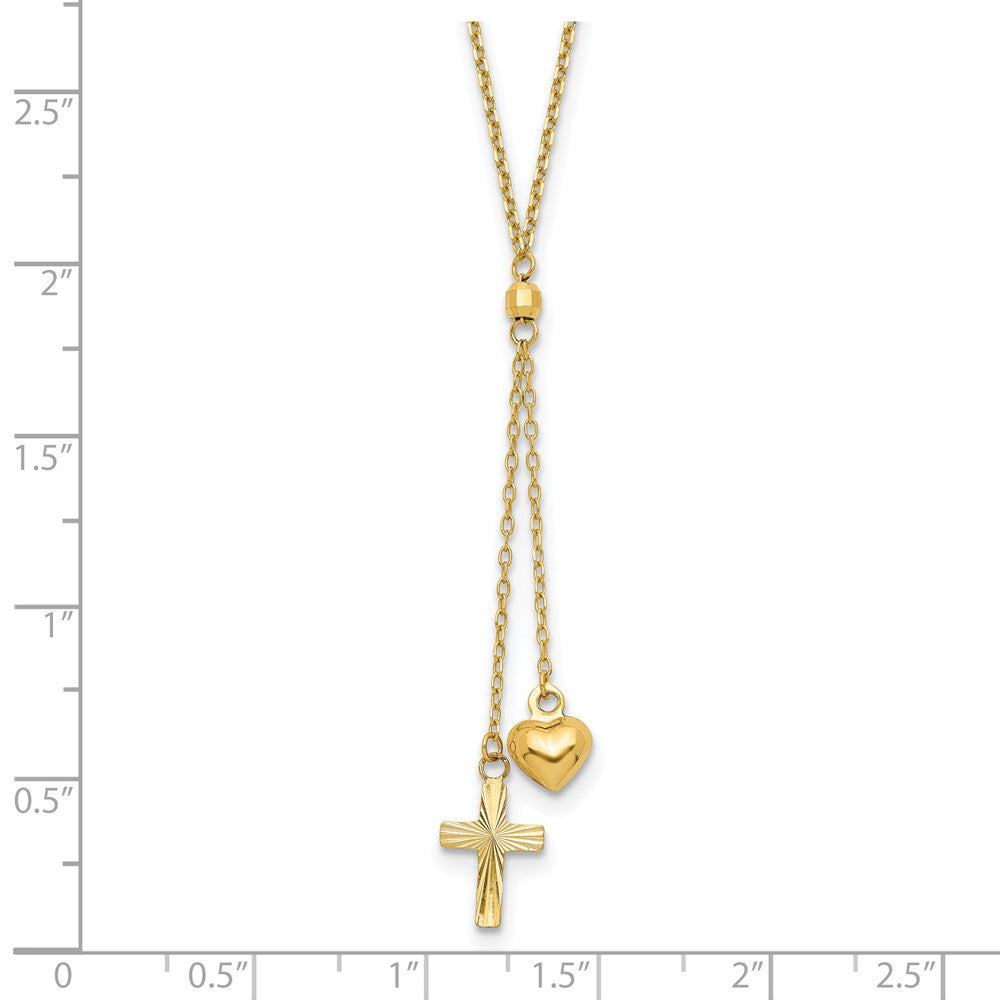 14k Yellow Gold Puffed Heart and Diamond-cut Cross Y-Necklace 16"