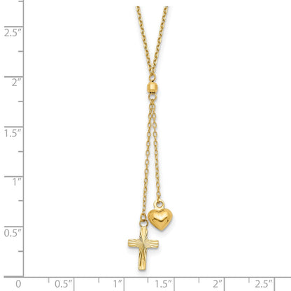 14k Yellow Gold Puffed Heart and Diamond-cut Cross Y-Necklace 16"