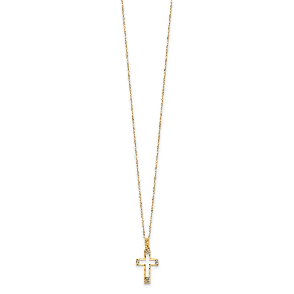 14k Yellow Gold Polished Diamond-cut Cubic Zirconia Cross Pendant Necklace 16"