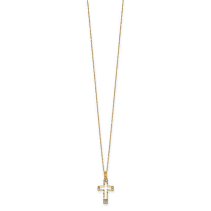 14k Yellow Gold Polished Diamond-cut Cubic Zirconia Cross Pendant Necklace 16"