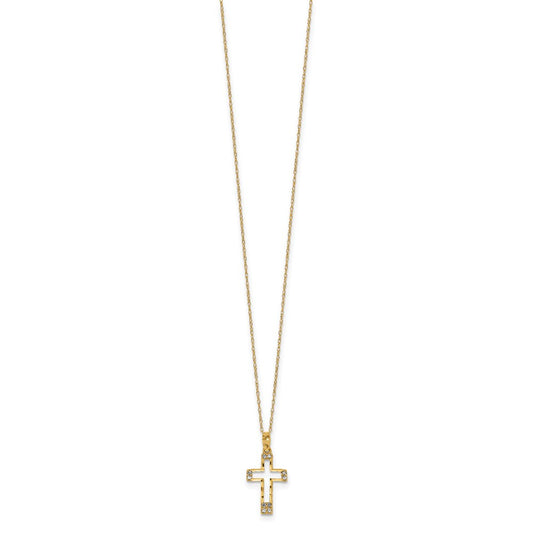 14k Yellow Gold Polished Diamond-cut Cubic Zirconia Cross Pendant Necklace 16"