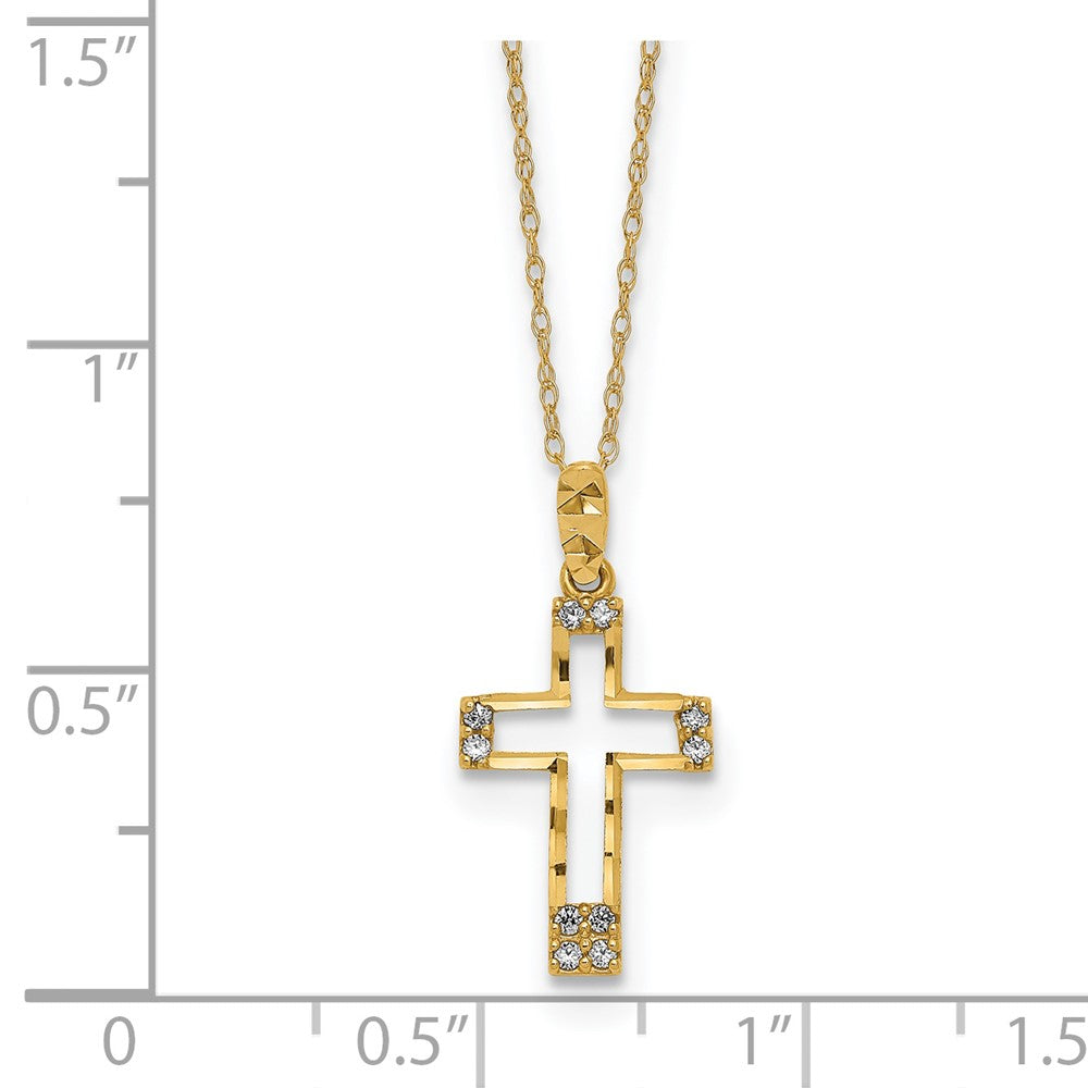 14k Yellow Gold Polished Diamond-cut Cubic Zirconia Cross Pendant Necklace 16"