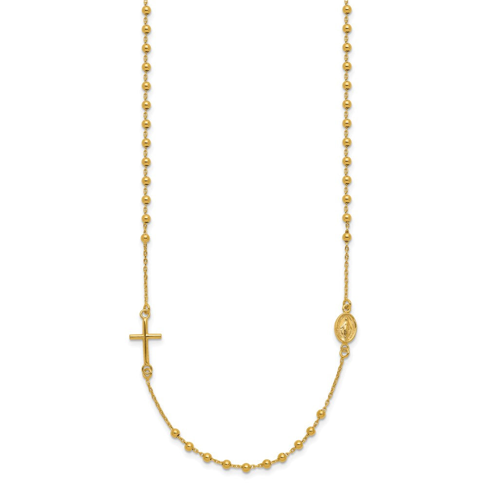 14k Yellow Gold Polished Cross and Miraculous Medal Beaded Rosary Design Necklace 16"