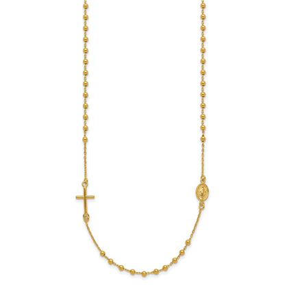 14k Yellow Gold Polished Cross and Miraculous Medal Beaded Rosary Design Necklace 16"
