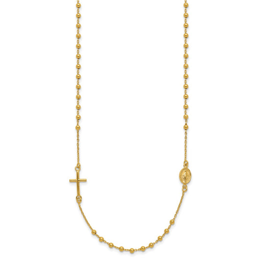 14k Yellow Gold Polished Cross and Miraculous Medal Beaded Rosary Design Necklace 16"