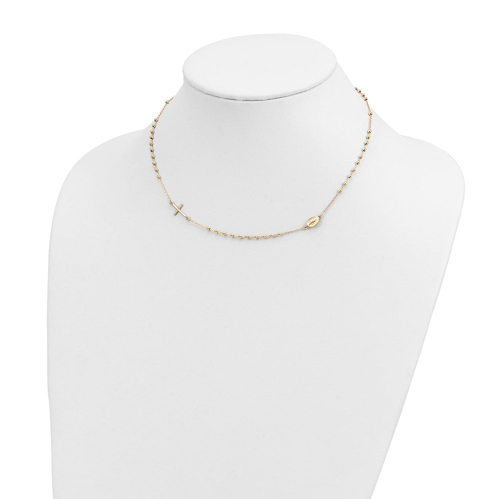 14k Yellow Gold Polished Cross and Miraculous Medal Beaded Rosary Design Necklace 16"