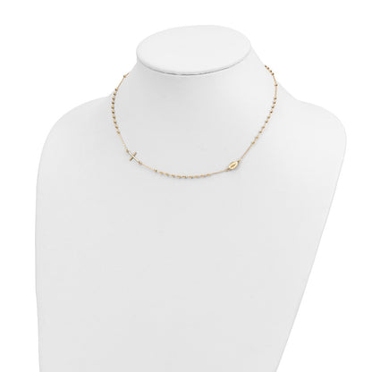 14k Yellow Gold Polished Cross and Miraculous Medal Beaded Rosary Design Necklace 16"