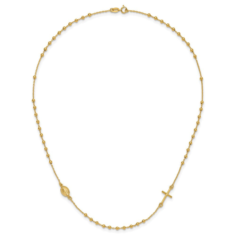 14k Yellow Gold Polished Cross and Miraculous Medal Beaded Rosary Design Necklace 16"