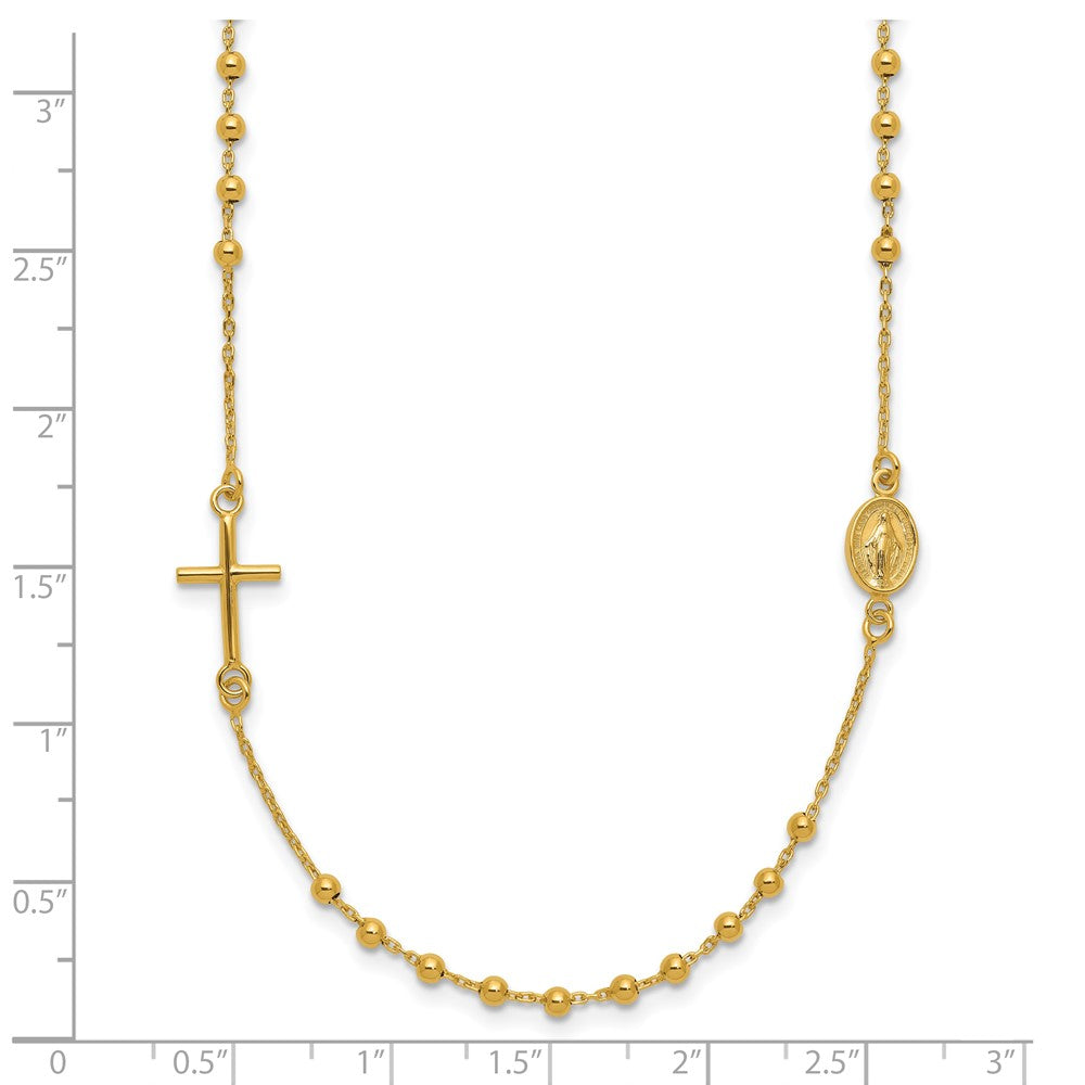 14k Yellow Gold Polished Cross and Miraculous Medal Beaded Rosary Design Necklace 16"