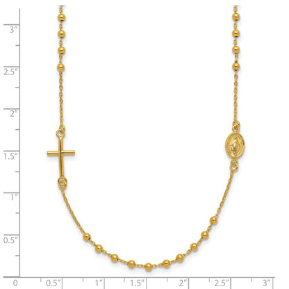 14k Yellow Gold Polished Cross and Miraculous Medal Beaded Rosary Design Necklace 16"
