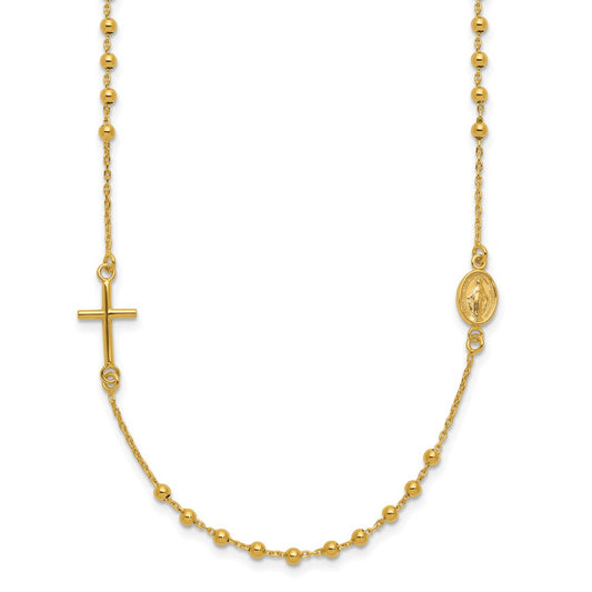14k Yellow Gold Polished Cross and Miraculous Medal Beaded Rosary Design Necklace 16"