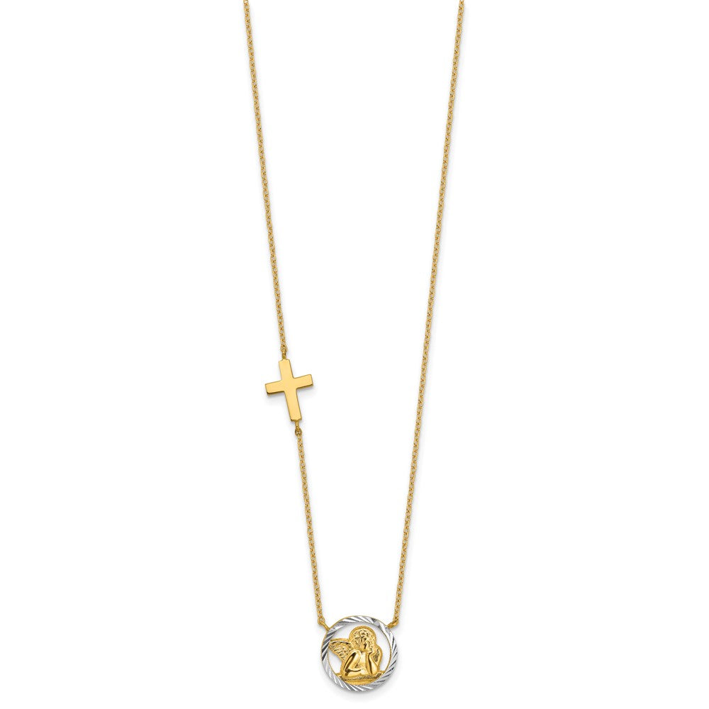 14k Yellow Gold and White Rhodium Diamond-cut Angel Cross Necklace 17"