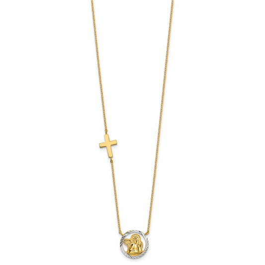 14k Yellow Gold and White Rhodium Diamond-cut Angel Cross Necklace 17"