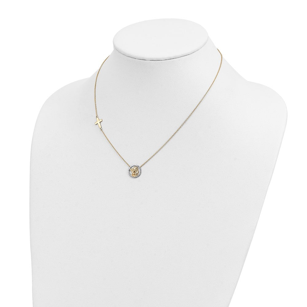 14k Yellow Gold and White Rhodium Diamond-cut Angel Cross Necklace 17"