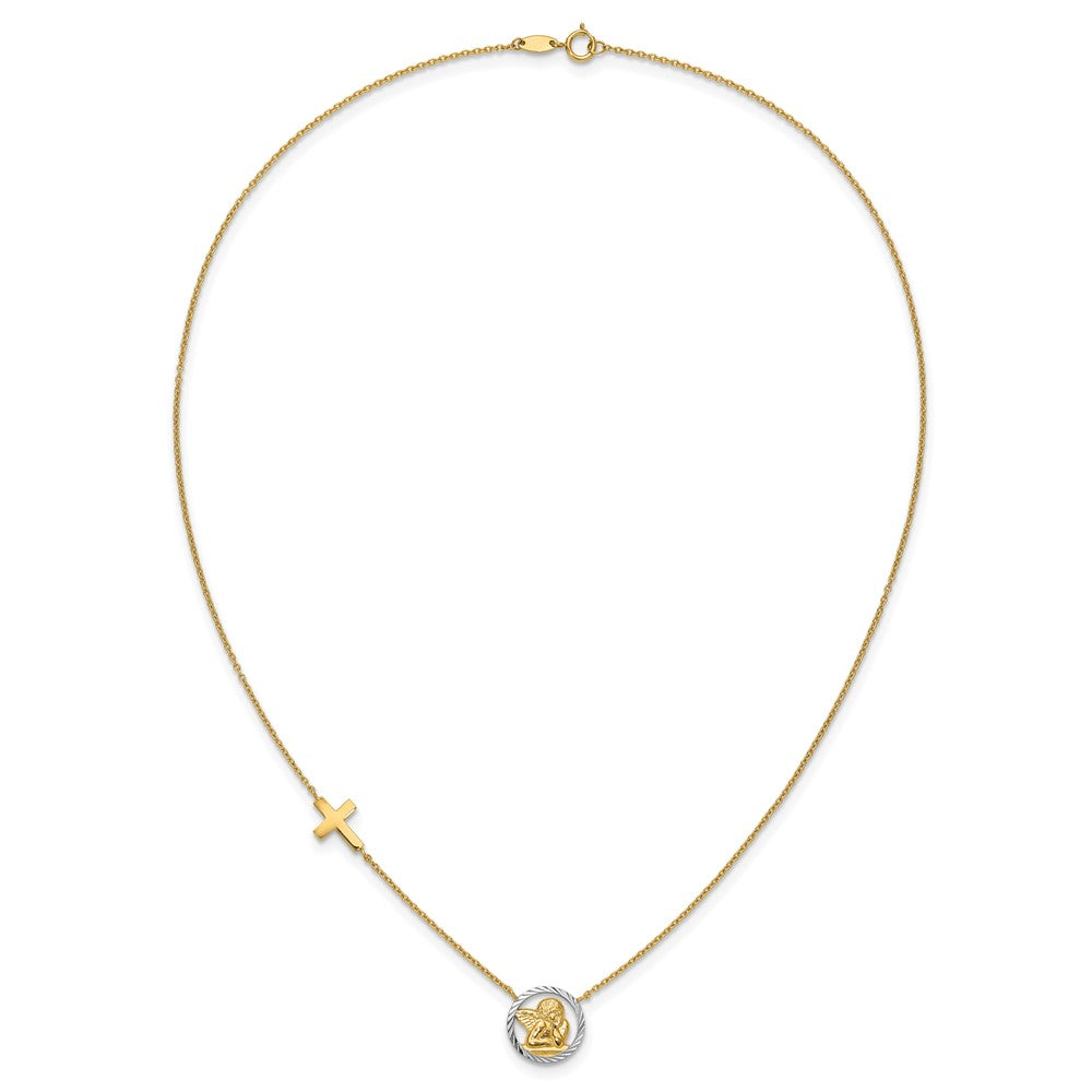 14k Yellow Gold and White Rhodium Diamond-cut Angel Cross Necklace 17"