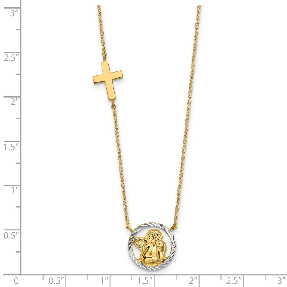 14k Yellow Gold and White Rhodium Diamond-cut Angel Cross Necklace 17"