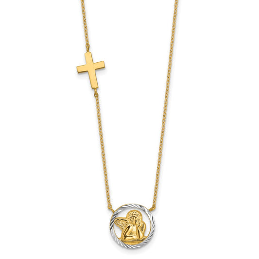 14k Yellow Gold and White Rhodium Diamond-cut Angel Cross Necklace 17"