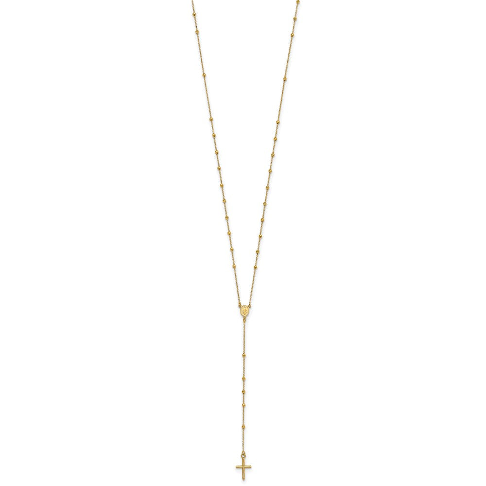 14k Polished Cross and Miraculous Medal Beaded Rosary Necklace 24"