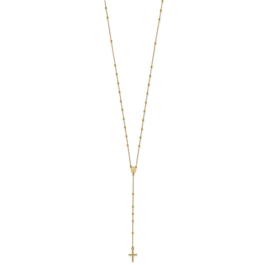 14k Polished Cross and Miraculous Medal Beaded Rosary Necklace 24"