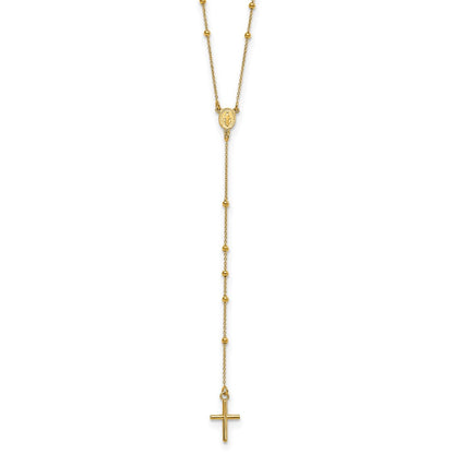 14k Polished Cross and Miraculous Medal Beaded Rosary Necklace 24"