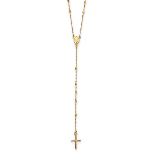 14k Polished Cross and Miraculous Medal Beaded Rosary Necklace 24"