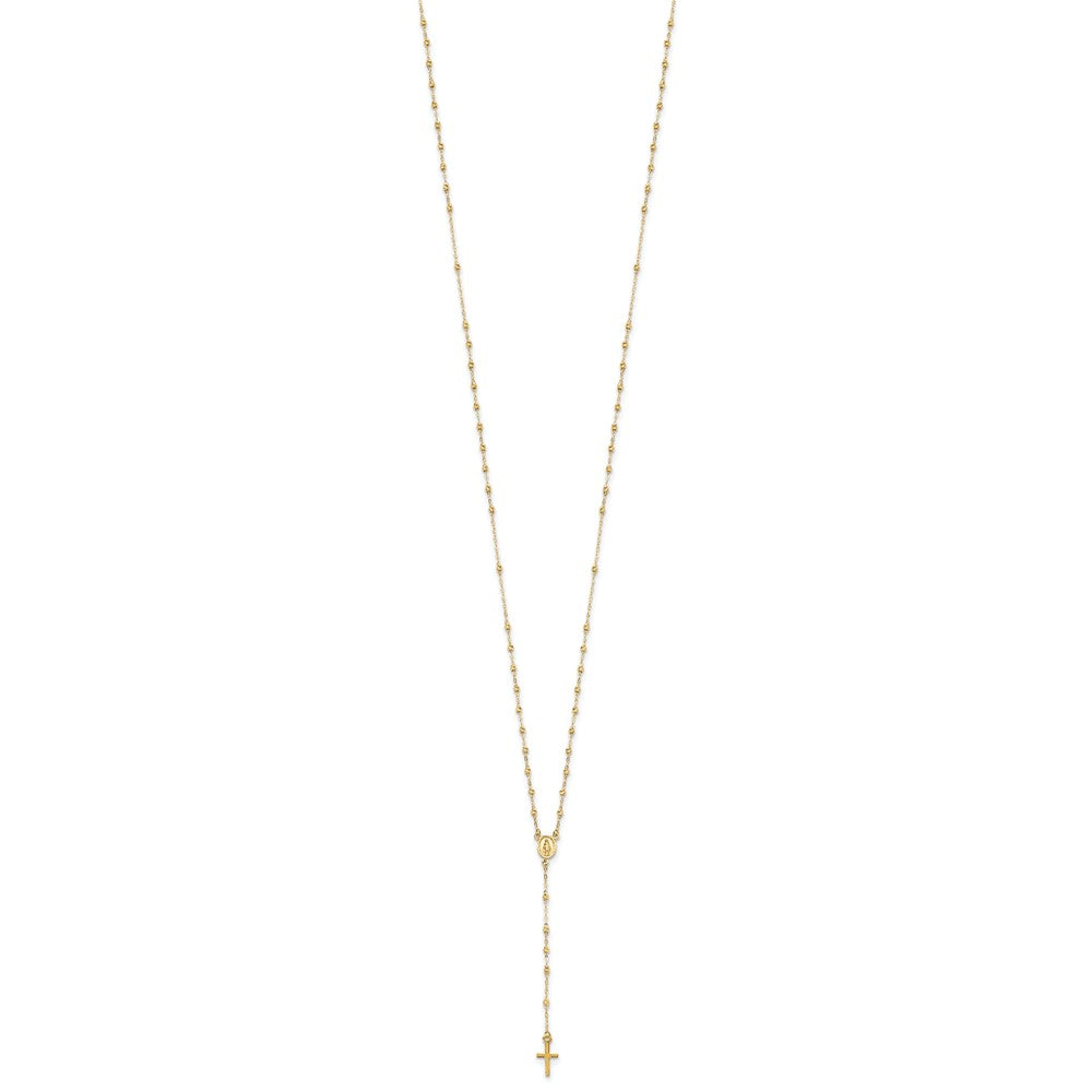 14k Polished Cross and Miraculous Medal with Diamond-cut Beads Rosary Necklace 17+3" Extender