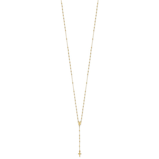 14k Polished Cross and Miraculous Medal with Diamond-cut Beads Rosary Necklace 17+3" Extender