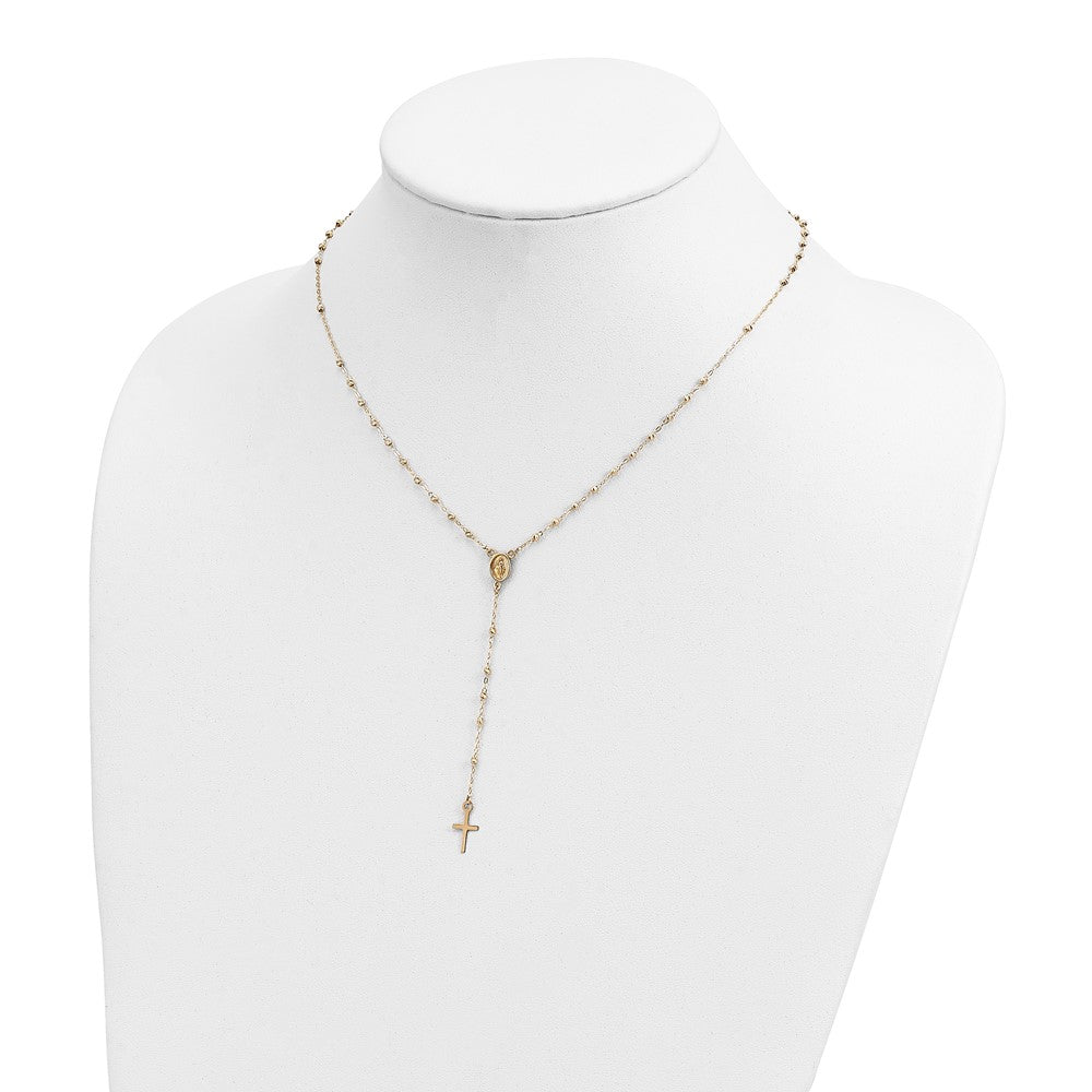 14k Polished Cross and Miraculous Medal with Diamond-cut Beads Rosary Necklace 17+3" Extender