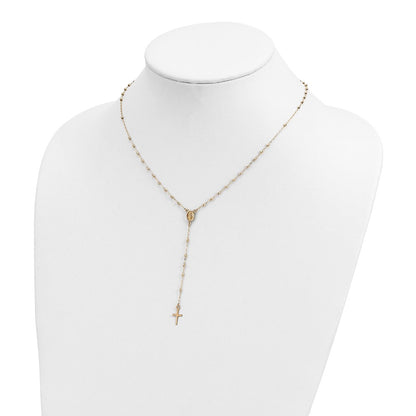 14k Polished Cross and Miraculous Medal with Diamond-cut Beads Rosary Necklace 17+3" Extender