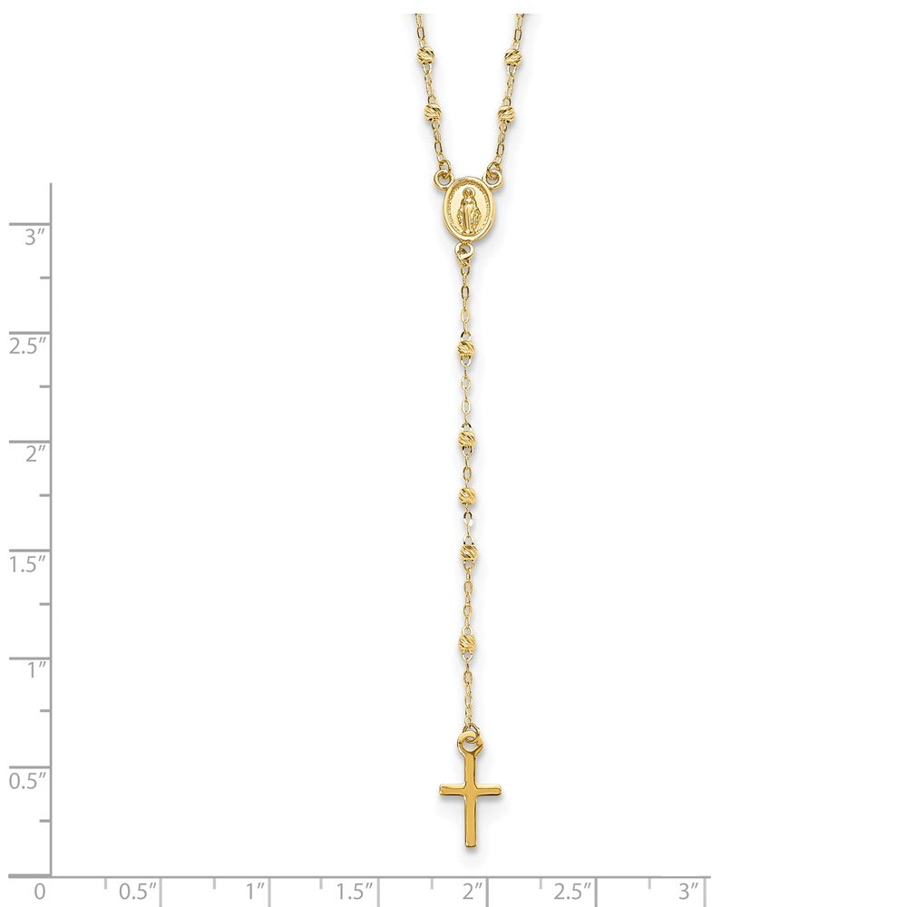 14k Yellow Gold Polished Cross and Miraculous Medal with Diamond-cut Beads Rosary Necklace 20"
