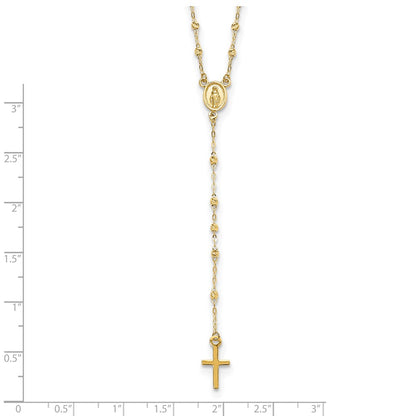 14k Yellow Gold Polished Cross and Miraculous Medal with Diamond-cut Beads Rosary Necklace 20"