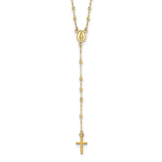 14k Polished Cross and Miraculous Medal with Diamond-cut Beads Rosary Necklace 17+3" Extender