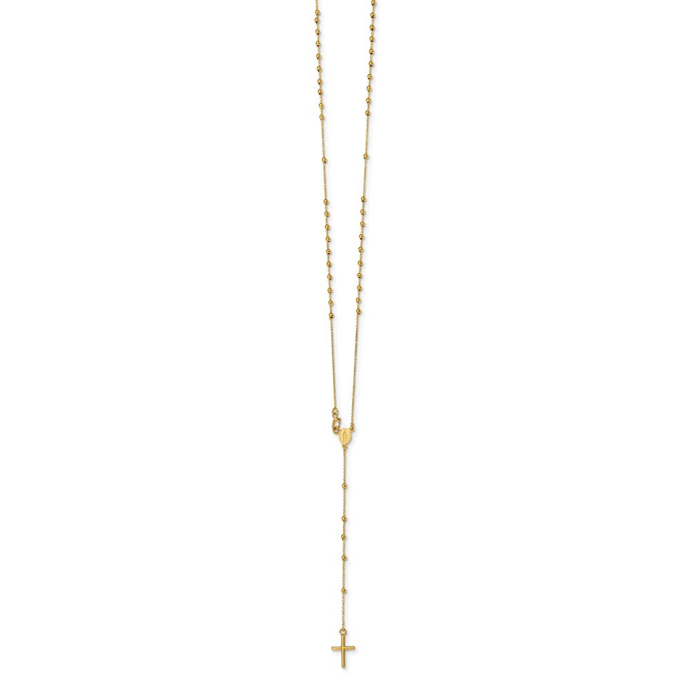 14k Polished Cross and Miraculous Medal Beaded Rosary Necklace 16.5"