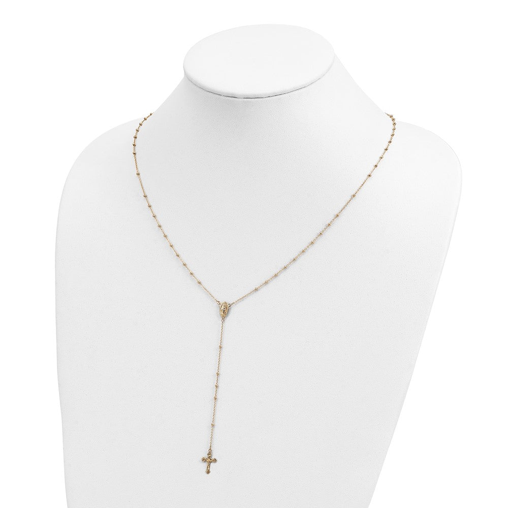 14k Polished Crucifix and Miraculous Medal 2mm Beaded Rosary Necklace 19.5"