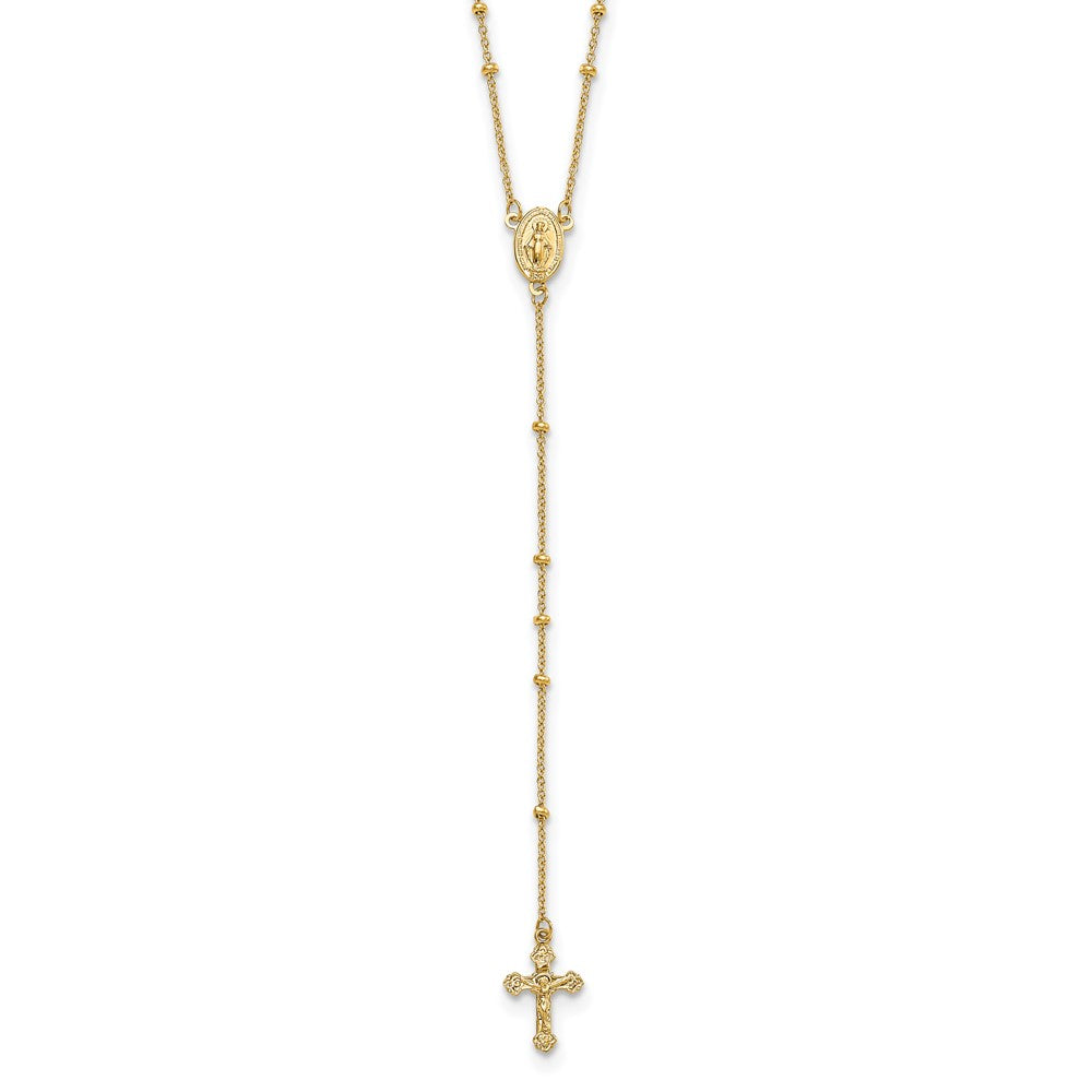 14k Polished Crucifix and Miraculous Medal 2mm Beaded Rosary Necklace 19.5"