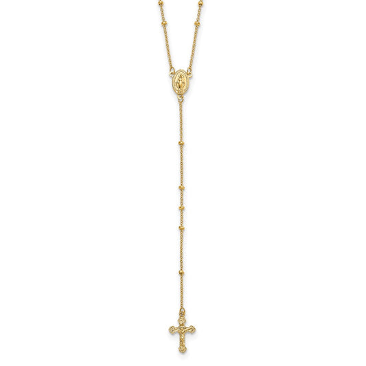 14k Polished Crucifix and Miraculous Medal 2mm Beaded Rosary Necklace 19.5"